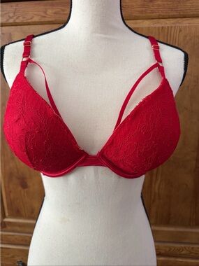 Victoria’s Secret Red Lace Push-Up Bra with Decorative Straps - Women Intimates